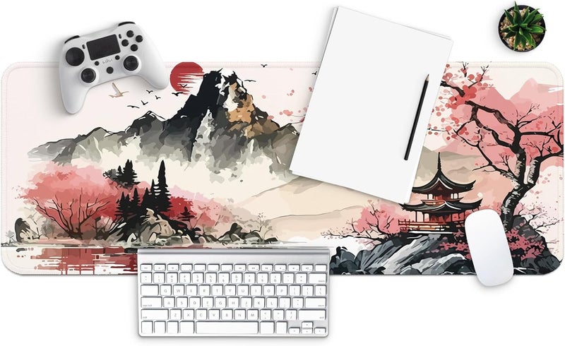 Mayflower Large Gaming Mouse pad, Full Keyboard Mat, Long Laptop Mousepad, Computer Mouse Mat for Home and Office, Anti-Slip Rubber Base, 31.5 x 11.8 Inches (Watercolor Cherry Blossom) - Image 2